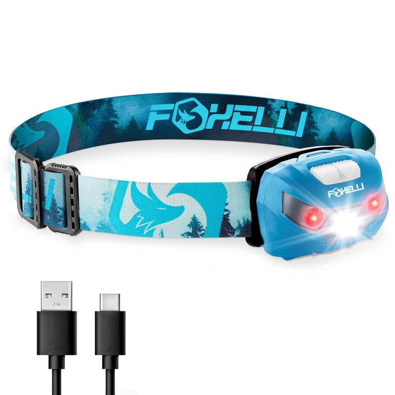 Foxelli USB-C Rechargeable LED Headlamp â€“ Super Bright, Lightweight Head Lamp for Running, Camping, Hiking & Work â€“ Comfortable Fit for Adults & Kids - Image 1
